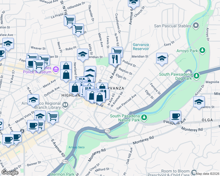 map of restaurants, bars, coffee shops, grocery stores, and more near 216 North Avenue 64 in Los Angeles