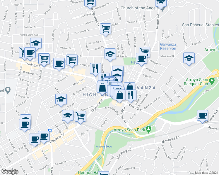 map of restaurants, bars, coffee shops, grocery stores, and more near 6235 York Boulevard in Los Angeles