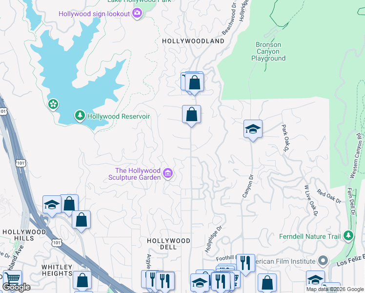map of restaurants, bars, coffee shops, grocery stores, and more near 2585 Dearborn Drive in Los Angeles