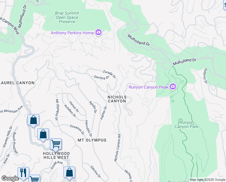 map of restaurants, bars, coffee shops, grocery stores, and more near 7507 Willow Glen Road in Los Angeles
