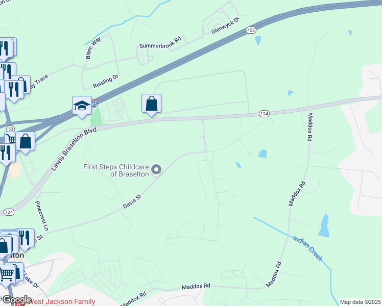 map of restaurants, bars, coffee shops, grocery stores, and more near 492 Traminer Way in Braselton