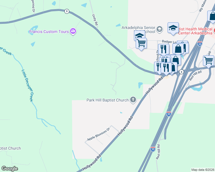 map of restaurants, bars, coffee shops, grocery stores, and more near 6 Harvest Ridge Road in Arkadelphia