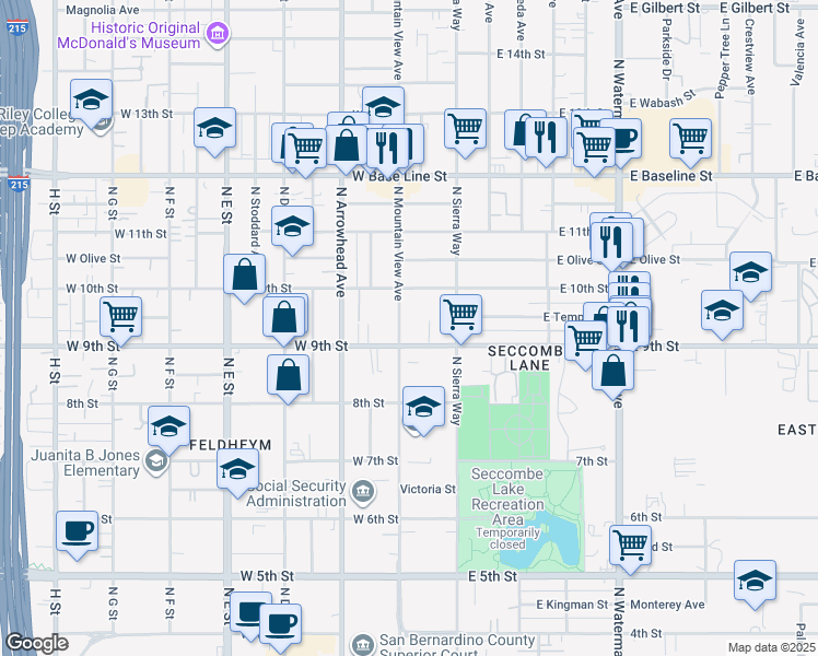 map of restaurants, bars, coffee shops, grocery stores, and more near 933 North Mountain View Avenue in San Bernardino