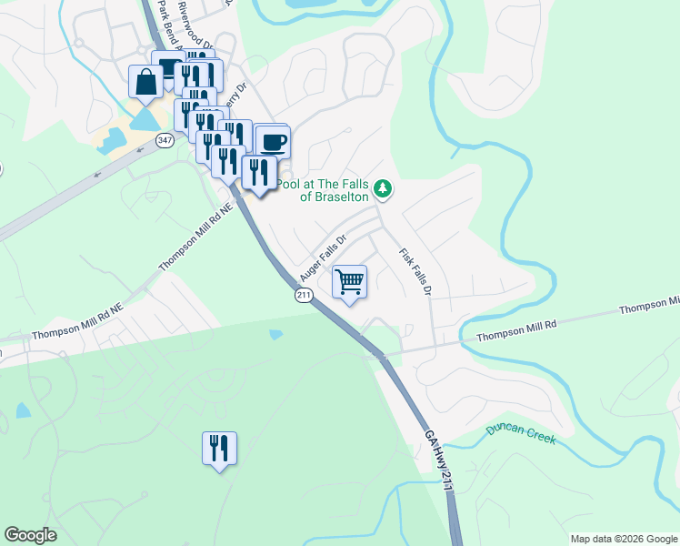 map of restaurants, bars, coffee shops, grocery stores, and more near 1325 Loowit Falls Way in Braselton