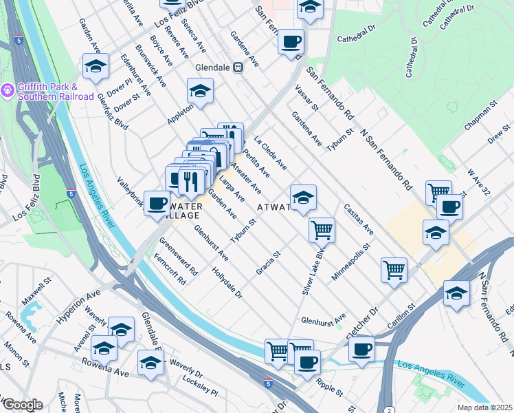 map of restaurants, bars, coffee shops, grocery stores, and more near 3411 Larga Avenue in Los Angeles