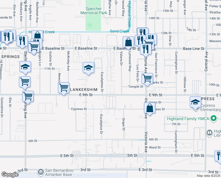 map of restaurants, bars, coffee shops, grocery stores, and more near 26250 East 9th Street in Highland