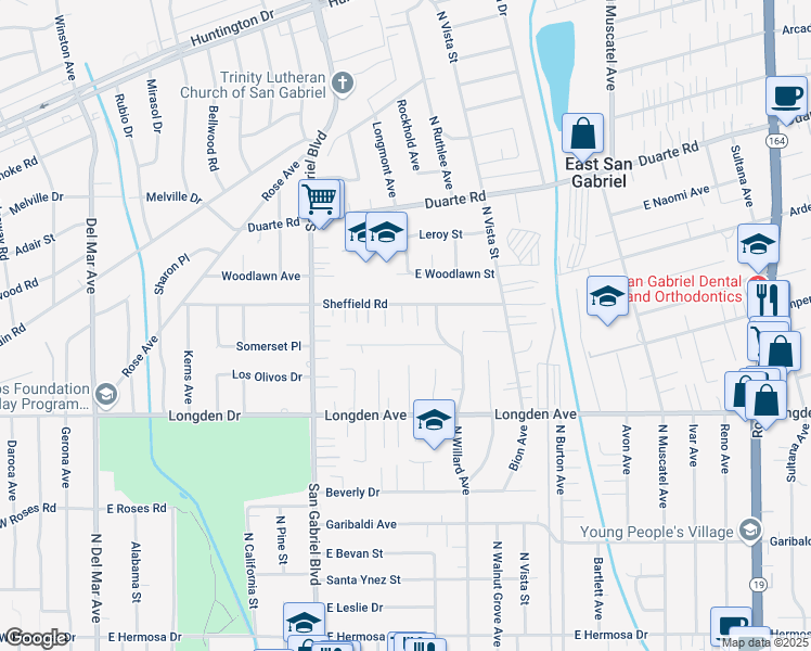 map of restaurants, bars, coffee shops, grocery stores, and more near 8345 Doris Avenue in San Gabriel