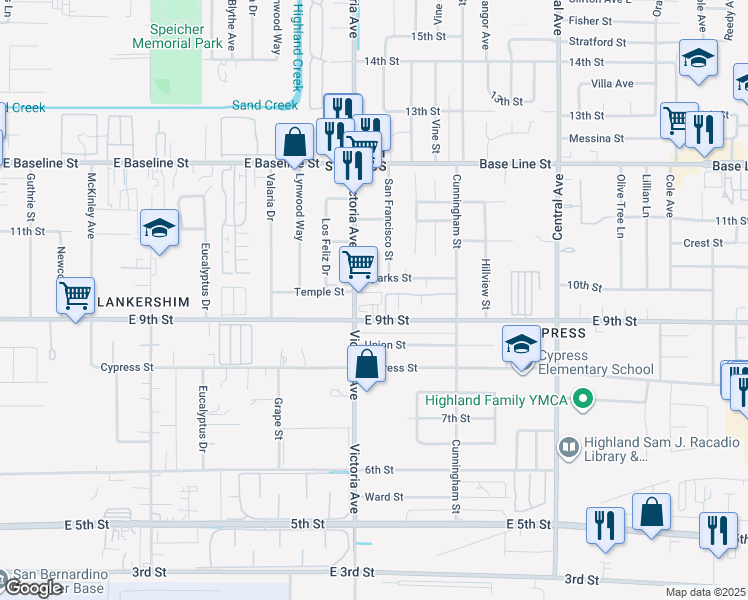 map of restaurants, bars, coffee shops, grocery stores, and more near 26534 9th Street in Highland