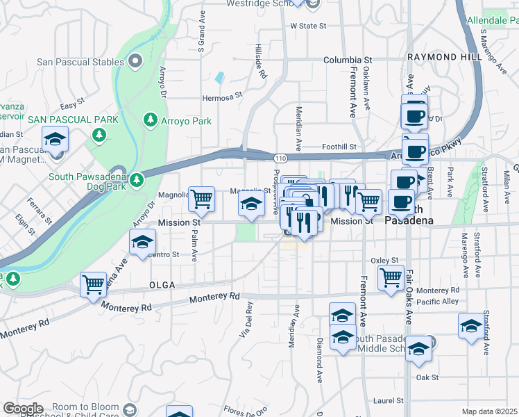 map of restaurants, bars, coffee shops, grocery stores, and more near 820 Mission Street in South Pasadena