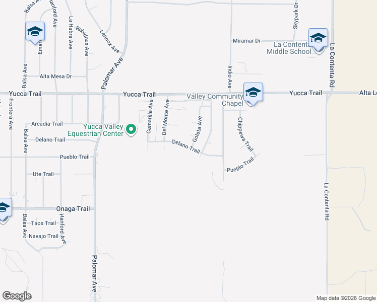 map of restaurants, bars, coffee shops, grocery stores, and more near 58767 Delano Trail in Yucca Valley