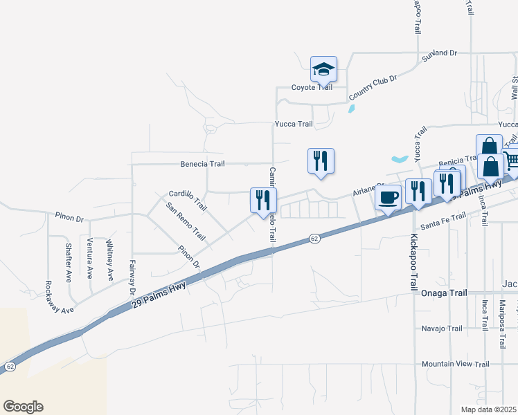 map of restaurants, bars, coffee shops, grocery stores, and more near 54858 Martinez Trail in Yucca Valley