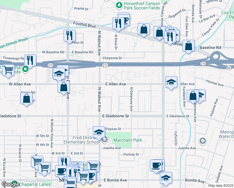 map of restaurants, bars, coffee shops, grocery stores, and more near 780 North Northcape Avenue in San Dimas