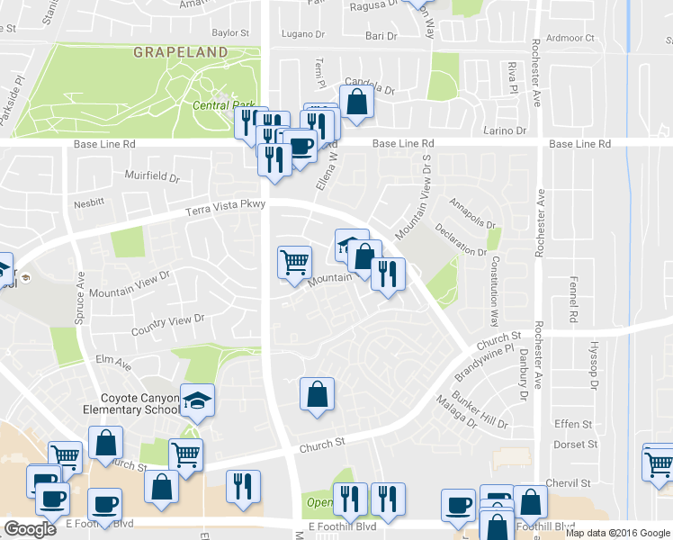 map of restaurants, bars, coffee shops, grocery stores, and more near 11457 Chesterton Drive in Rancho Cucamonga
