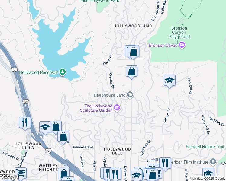 map of restaurants, bars, coffee shops, grocery stores, and more near 2621 Creston Drive in Los Angeles