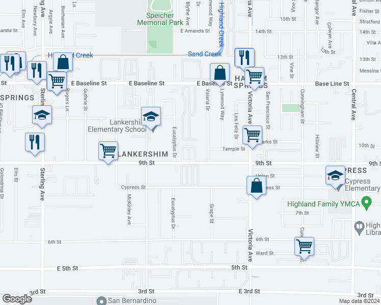 map of restaurants, bars, coffee shops, grocery stores, and more near 26250 East 9th Street in Highland