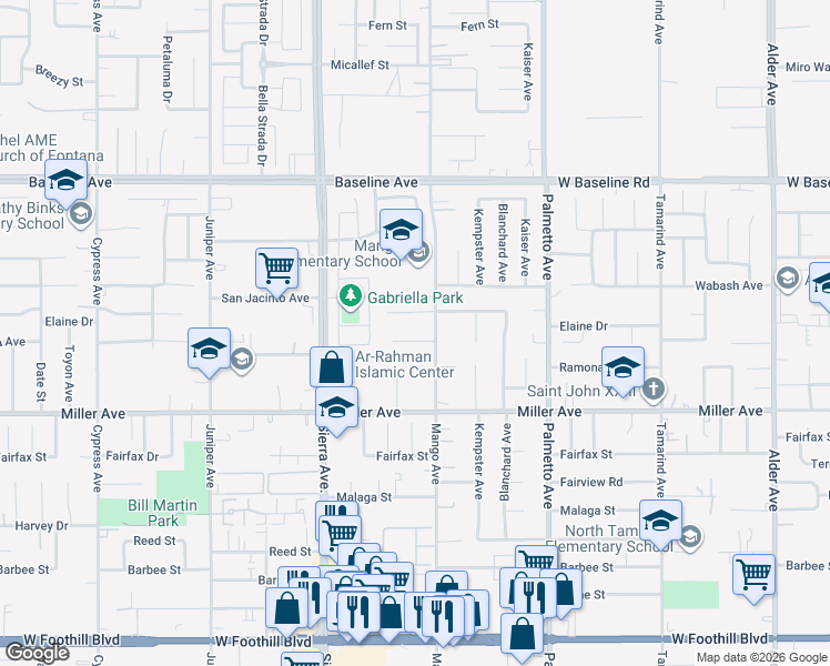 map of restaurants, bars, coffee shops, grocery stores, and more near 17091 Holguin Court in Fontana