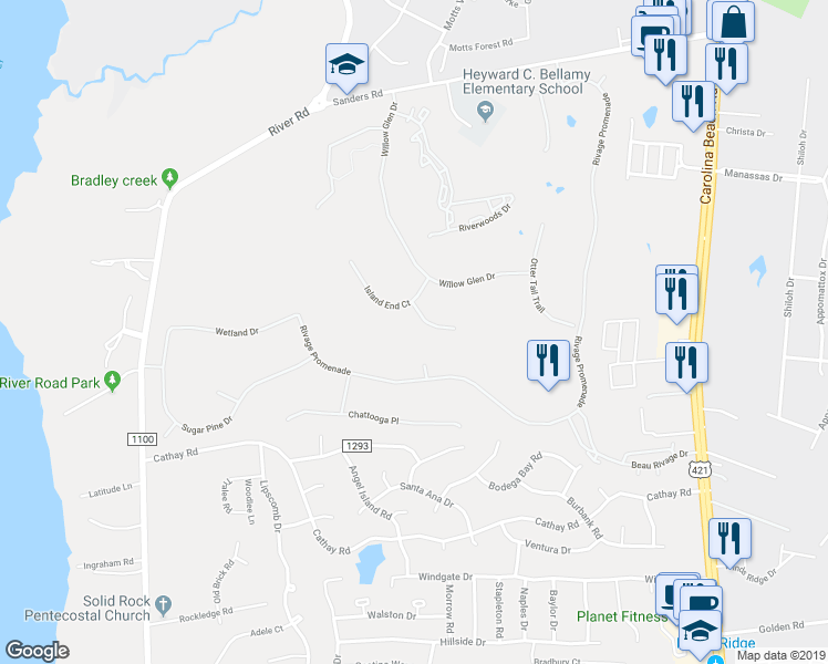 map of restaurants, bars, coffee shops, grocery stores, and more near 6109 Seagrove Court in Wilmington
