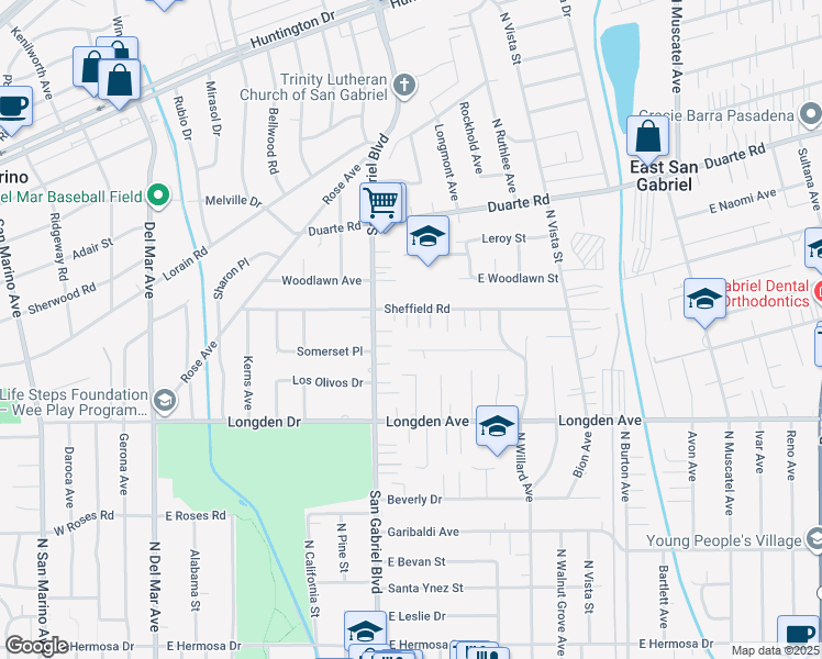 map of restaurants, bars, coffee shops, grocery stores, and more near 8219 Somerset Place in San Gabriel