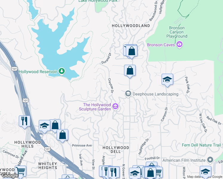 map of restaurants, bars, coffee shops, grocery stores, and more near 2621 Creston Drive in Los Angeles