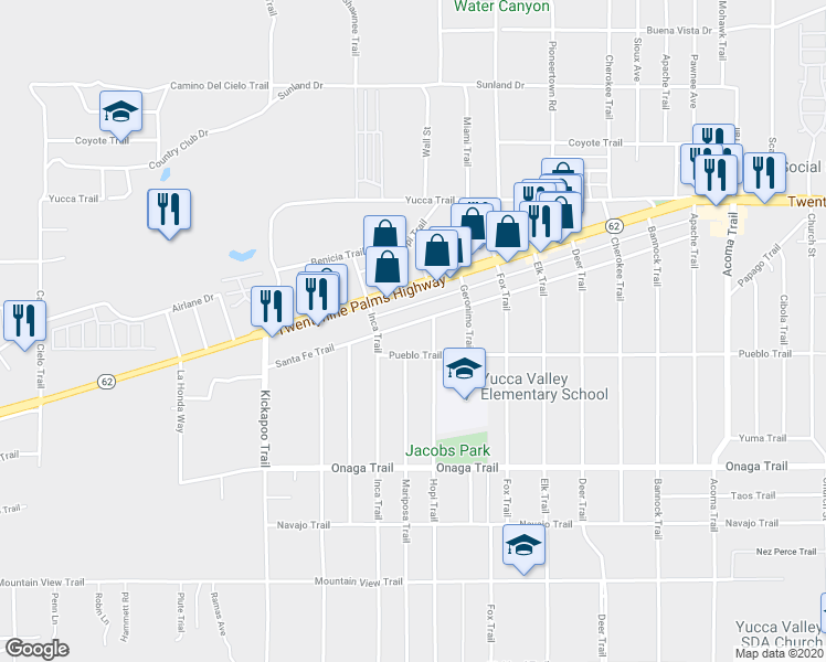 map of restaurants, bars, coffee shops, grocery stores, and more near 55559 Santa Fe Trail in Yucca Valley