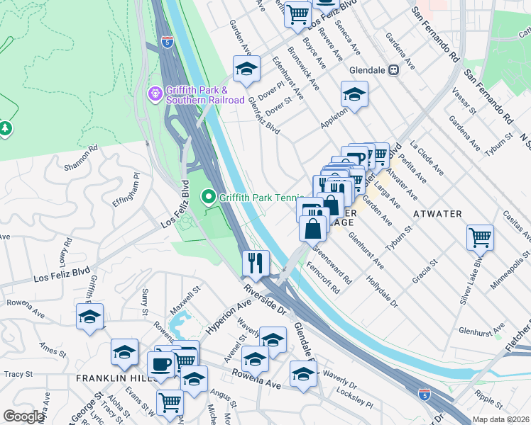 map of restaurants, bars, coffee shops, grocery stores, and more near 2696 Sunnynook Dr in Los Angeles