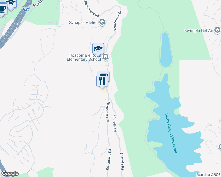 map of restaurants, bars, coffee shops, grocery stores, and more near 2323 Roscomare Road in Los Angeles