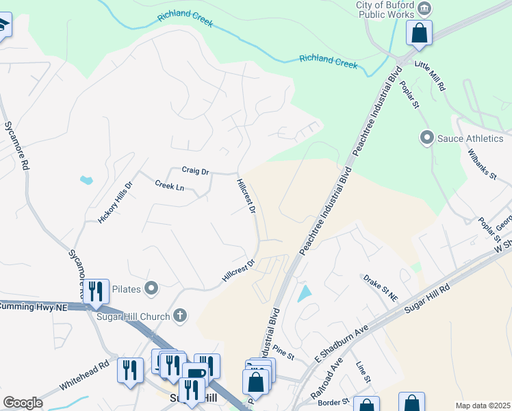 map of restaurants, bars, coffee shops, grocery stores, and more near 1262 Ainsworth Alley in Sugar Hill