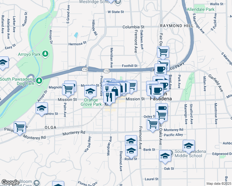 map of restaurants, bars, coffee shops, grocery stores, and more near 1010 Mission Street in South Pasadena