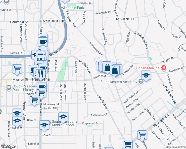 map of restaurants, bars, coffee shops, grocery stores, and more near 850 Garfield Avenue in South Pasadena