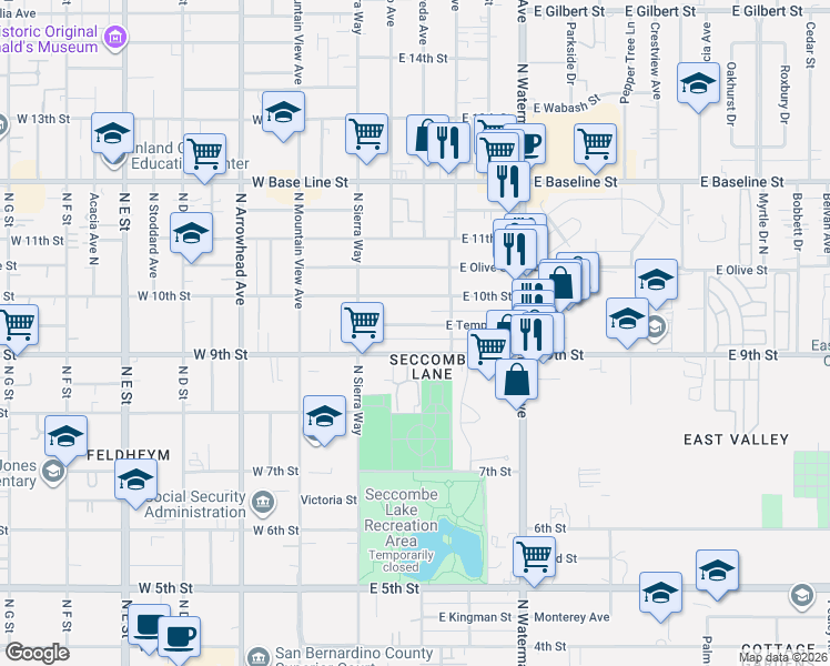 map of restaurants, bars, coffee shops, grocery stores, and more near 187 East Temple Street in San Bernardino