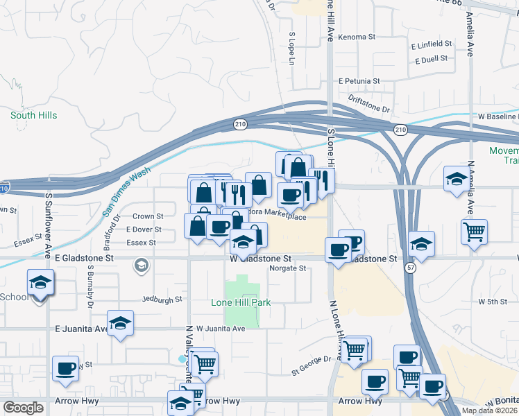 map of restaurants, bars, coffee shops, grocery stores, and more near 1229 South Lone Hill Avenue in Glendora