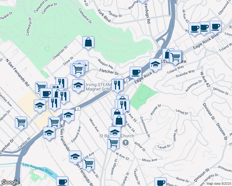 map of restaurants, bars, coffee shops, grocery stores, and more near 2883 1/2 West Avenue 35 in Los Angeles