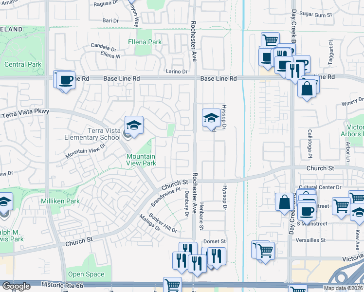 map of restaurants, bars, coffee shops, grocery stores, and more near 11879 Bunker Drive in Rancho Cucamonga