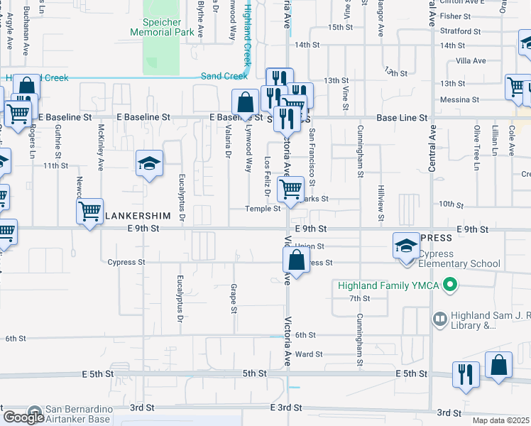 map of restaurants, bars, coffee shops, grocery stores, and more near 26439 Temple Street in Highland