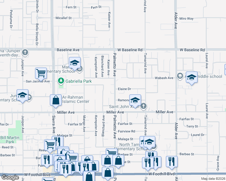 map of restaurants, bars, coffee shops, grocery stores, and more near 7590 Palmetto Avenue in Fontana