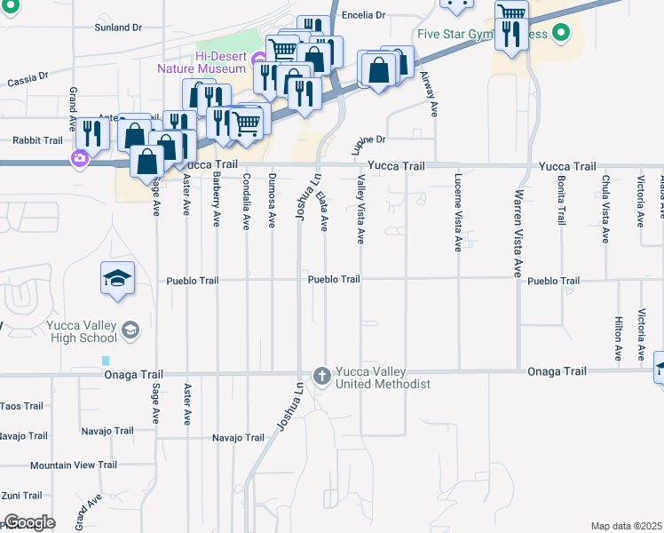 map of restaurants, bars, coffee shops, grocery stores, and more near 7510 Elata Avenue in Yucca Valley