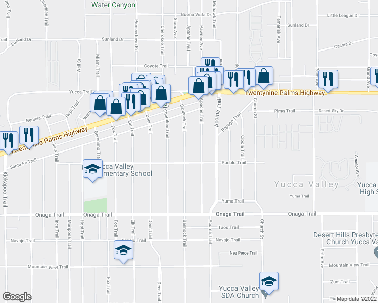 map of restaurants, bars, coffee shops, grocery stores, and more near 56032 Pueblo Trail in Yucca Valley