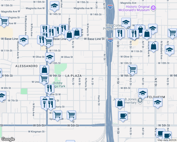 map of restaurants, bars, coffee shops, grocery stores, and more near 1008 West 9th Street in San Bernardino