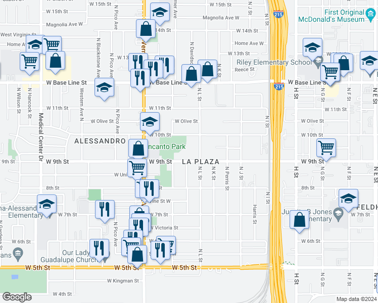 map of restaurants, bars, coffee shops, grocery stores, and more near 1180 West 9th Street in San Bernardino