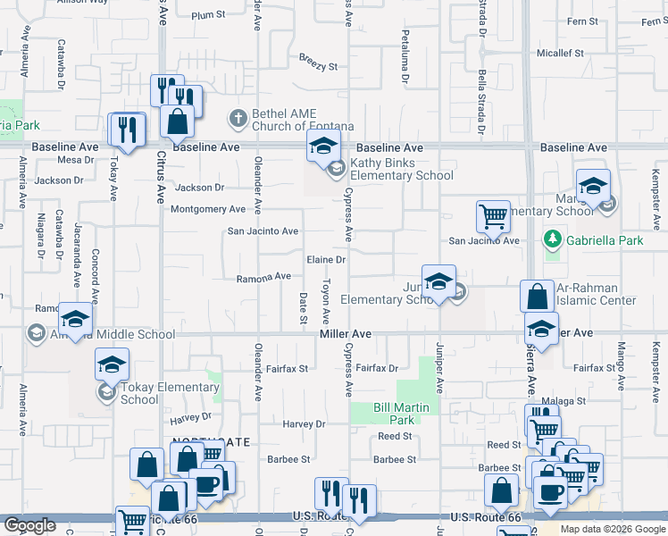 map of restaurants, bars, coffee shops, grocery stores, and more near 7587 Toyon Avenue in Fontana