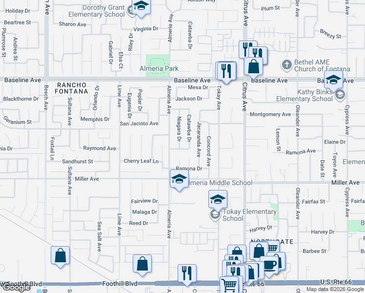 map of restaurants, bars, coffee shops, grocery stores, and more near 15853 Elaine Drive in Fontana