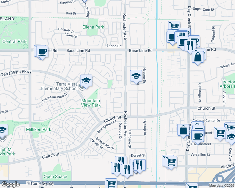 map of restaurants, bars, coffee shops, grocery stores, and more near 11879 Bunker Drive in Rancho Cucamonga