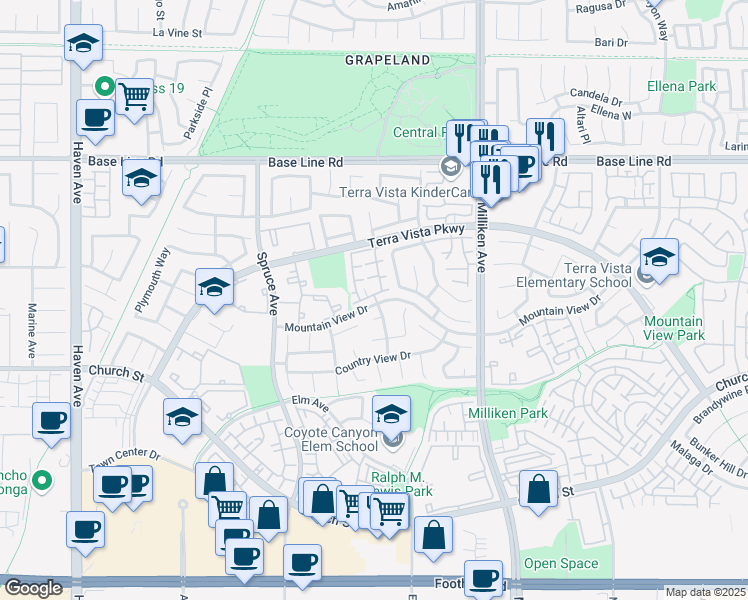map of restaurants, bars, coffee shops, grocery stores, and more near 7615 Fairhaven Place in Rancho Cucamonga