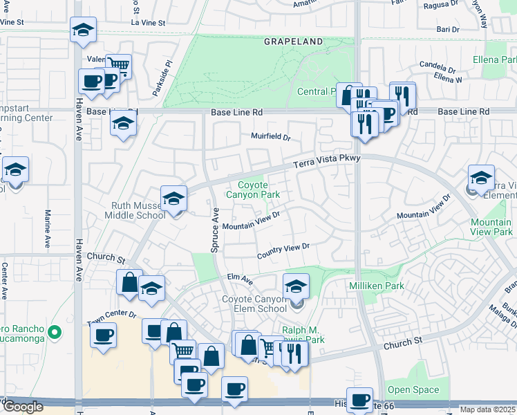 map of restaurants, bars, coffee shops, grocery stores, and more near 11090 Mountain View Drive in Rancho Cucamonga