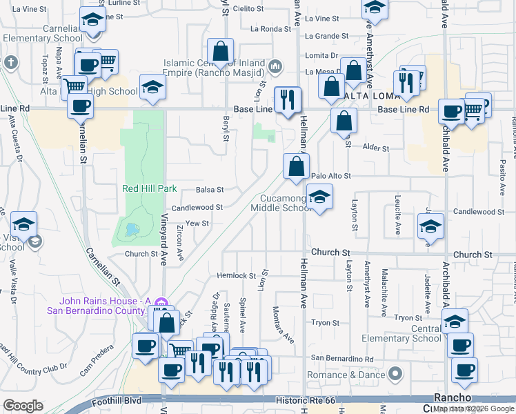 map of restaurants, bars, coffee shops, grocery stores, and more near 7577 Lion Street in Rancho Cucamonga