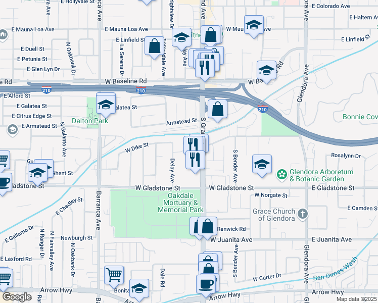 map of restaurants, bars, coffee shops, grocery stores, and more near 648 West Gaillard Street in Glendora