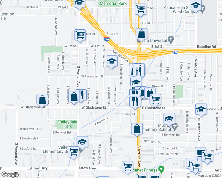 map of restaurants, bars, coffee shops, grocery stores, and more near 340 South Sunset Avenue in Azusa