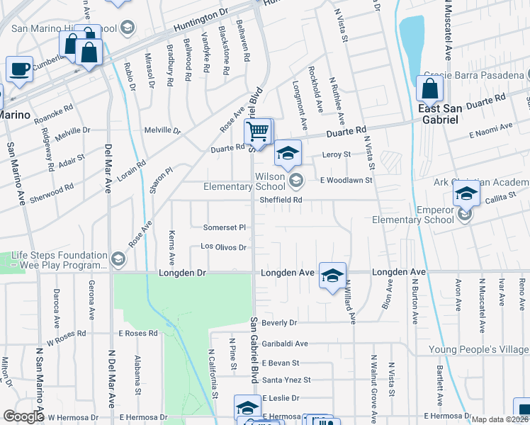 map of restaurants, bars, coffee shops, grocery stores, and more near 8219 Somerset Place in San Gabriel