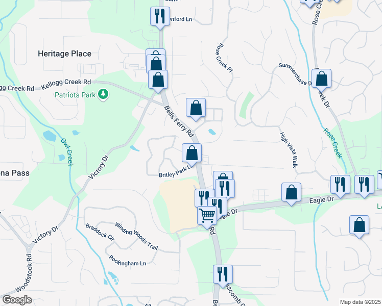 map of restaurants, bars, coffee shops, grocery stores, and more near 2056 Britley Park Crossing in Woodstock