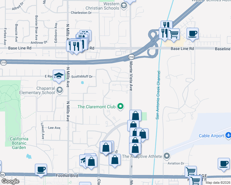 map of restaurants, bars, coffee shops, grocery stores, and more near 832 Trinity Lane in Claremont